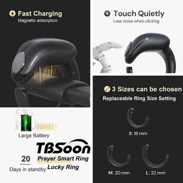 Alt view image 5 of 6 - Fashion Tasbih Smart Ring, Tasbeeh Counters, Prayer Direction Indicator Guide,5 Azan Alarm Clock,Forgiveness,Electronic Rosary,Eid al-Fitr Eid al-Adha Ramadan Gift for men women-Black Adjustable Size