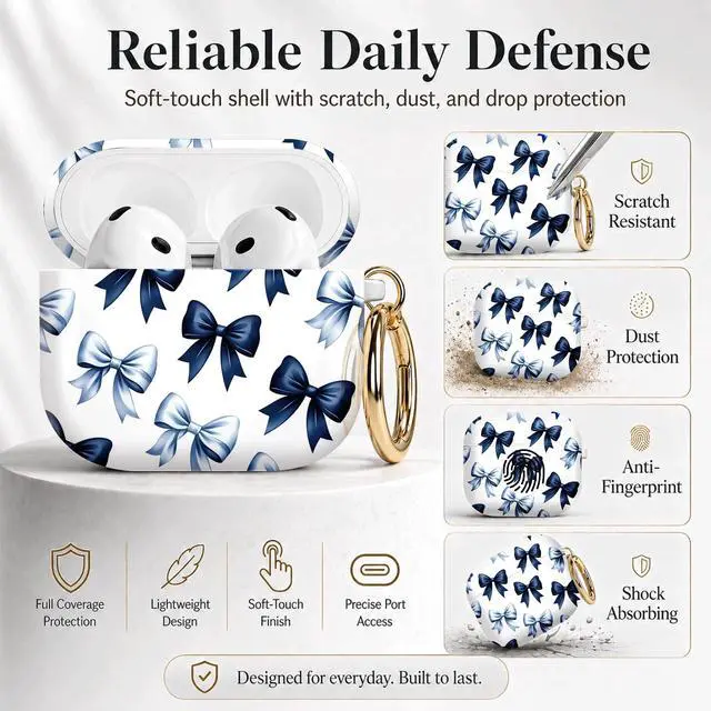 Alt view image 2 of 7 - Compatible with Airpod 4 Case,TPU Cute Pattern Protective, Shockproof Anti Scratch Case with Keychain Ring, Supports Wireless Charging(Blue Bows Repeating)