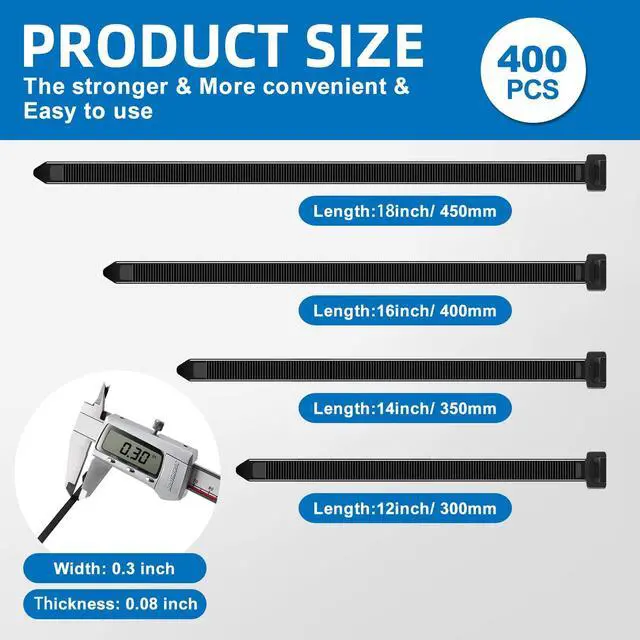 Alt view image 3 of 6 - 400PCS Zip Ties, Assorted 12/14/16/18 Inch Black Cable Ties, 150Lbs | Heavy Duty UV Resistant Self Locking Wire Ties, Multipurpose Cable Management for Indoor & Outdoor Applications