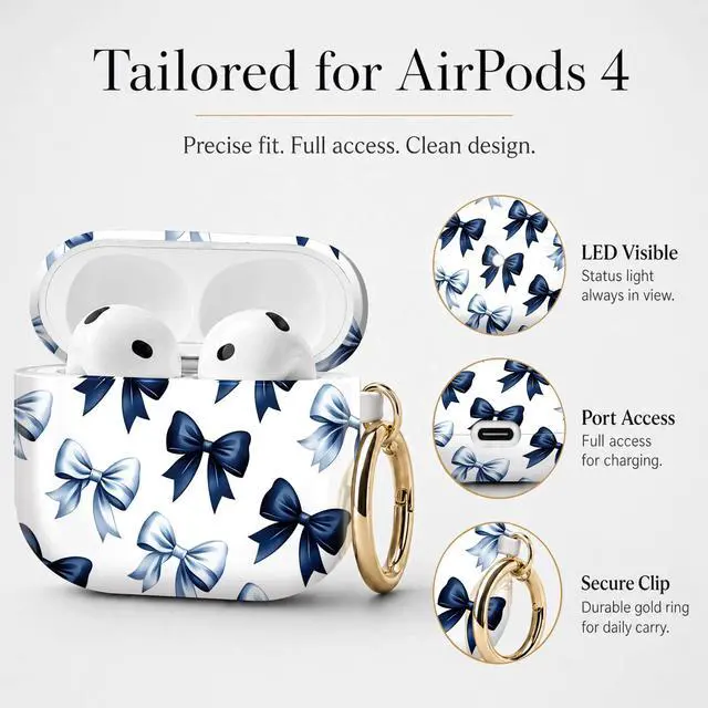 Alt view image 6 of 7 - Compatible with Airpod 4 Case,TPU Cute Pattern Protective, Shockproof Anti Scratch Case with Keychain Ring, Supports Wireless Charging(Blue Bows Repeating)