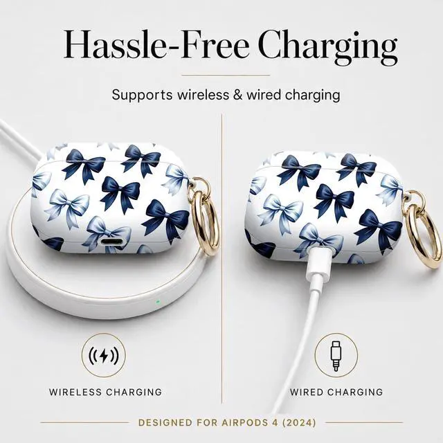 Alt view image 5 of 7 - Compatible with Airpod 4 Case,TPU Cute Pattern Protective, Shockproof Anti Scratch Case with Keychain Ring, Supports Wireless Charging(Blue Bows Repeating)