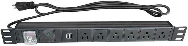 Main image of PDU 6 Outlets with 2 USB Ports, Flexible Rack Mount Power Strip for 19 Server Cabinet, with Surge Protector for Network & Audio Devices, 1U Black
