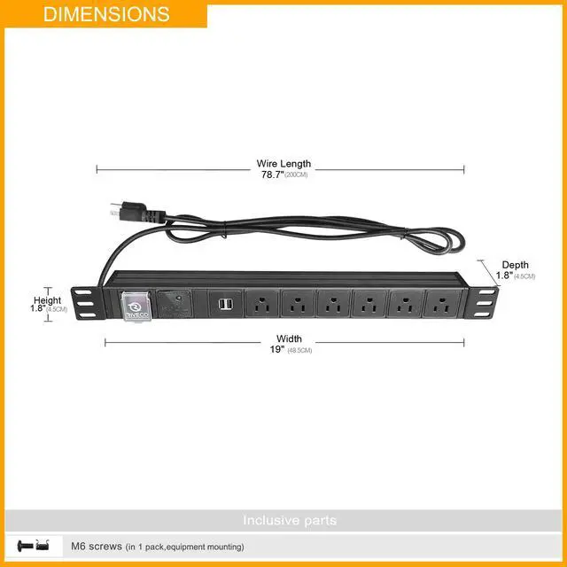 Alt view image 2 of 6 - PDU 6 Outlets with 2 USB Ports, Flexible Rack Mount Power Strip for 19 Server Cabinet, with Surge Protector for Network & Audio Devices, 1U Black