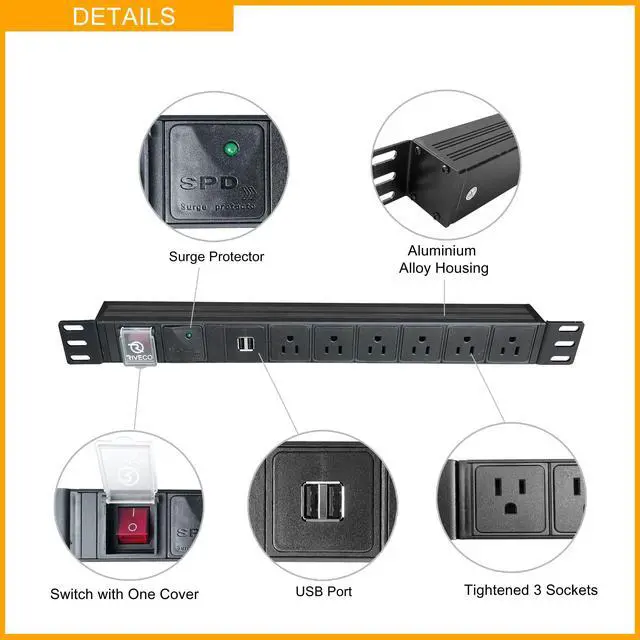 Alt view image 3 of 6 - PDU 6 Outlets with 2 USB Ports, Flexible Rack Mount Power Strip for 19 Server Cabinet, with Surge Protector for Network & Audio Devices, 1U Black