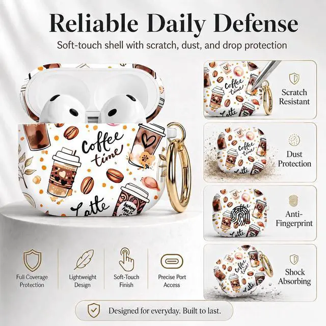 Alt view image 2 of 7 - Compatible with Airpod 4 Case,TPU Cute Pattern Protective, Shockproof Anti Scratch Case with Keychain Ring, Supports Wireless Charging(Coffee Beans Latte Cup Leaves)