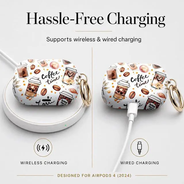 Alt view image 5 of 7 - Compatible with Airpod 4 Case,TPU Cute Pattern Protective, Shockproof Anti Scratch Case with Keychain Ring, Supports Wireless Charging(Coffee Beans Latte Cup Leaves)