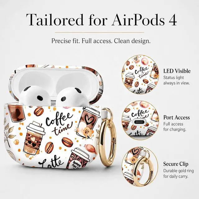 Alt view image 6 of 7 - Compatible with Airpod 4 Case,TPU Cute Pattern Protective, Shockproof Anti Scratch Case with Keychain Ring, Supports Wireless Charging(Coffee Beans Latte Cup Leaves)