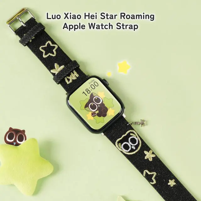Alt view image 2 of 7 - Luo Xiao Hei Genuine Licensed Stargazing Adventure Watch Band Compatible with Apple Watch - Black & Green Denim Strap with Cute Embroidery & Star Chain for iWatch