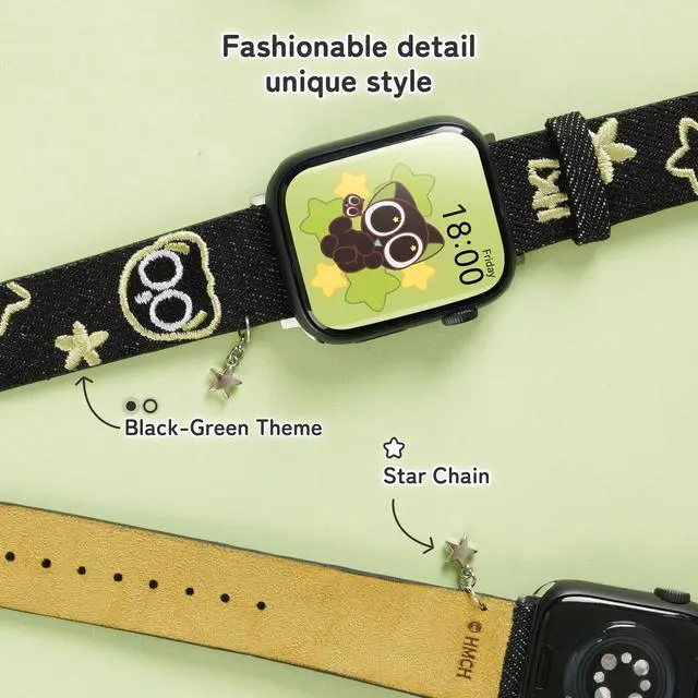 Alt view image 5 of 7 - Luo Xiao Hei Genuine Licensed Stargazing Adventure Watch Band Compatible with Apple Watch - Black & Green Denim Strap with Cute Embroidery & Star Chain for iWatch