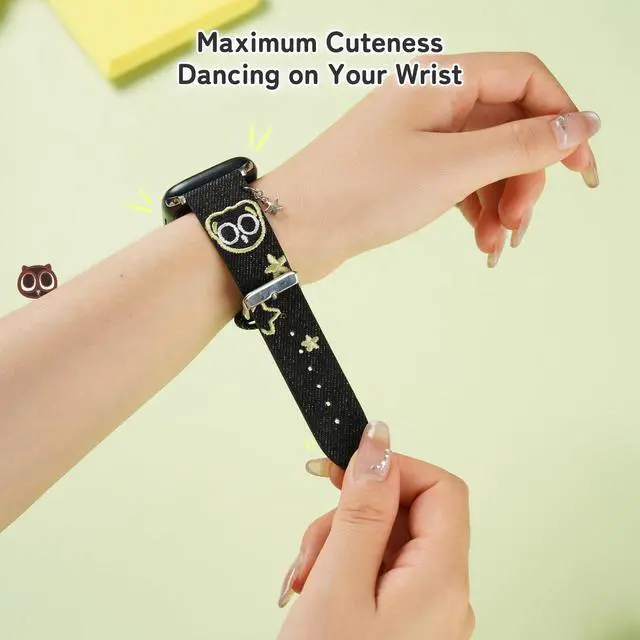 Alt view image 6 of 7 - Luo Xiao Hei Genuine Licensed Stargazing Adventure Watch Band Compatible with Apple Watch - Black & Green Denim Strap with Cute Embroidery & Star Chain for iWatch