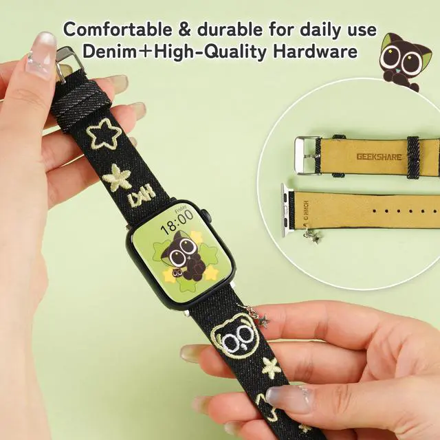 Alt view image 7 of 7 - Luo Xiao Hei Genuine Licensed Stargazing Adventure Watch Band Compatible with Apple Watch - Black & Green Denim Strap with Cute Embroidery & Star Chain for iWatch