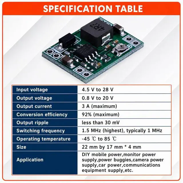 Alt view image 4 of 7 - 6-Pack MP1584EN Buck Converter, DC-DC, 3A Adjustable | 4.5-28V input to 0.8-20V output, up to 92% efficiency, compact 22x17x4mm, for DIY electronics