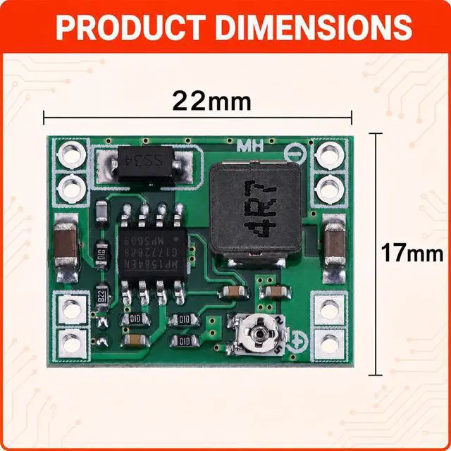Alt view image 6 of 7 - 6-Pack MP1584EN Buck Converter, DC-DC, 3A Adjustable | 4.5-28V input to 0.8-20V output, up to 92% efficiency, compact 22x17x4mm, for DIY electronics