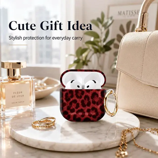 Alt view image 4 of 7 - Compatible with AirPod 4th Generation (2024), Cute Protective Cover with Keychain, TPU Anti-Drop Earbuds Case for Women and Men(Red Leopard Texture)