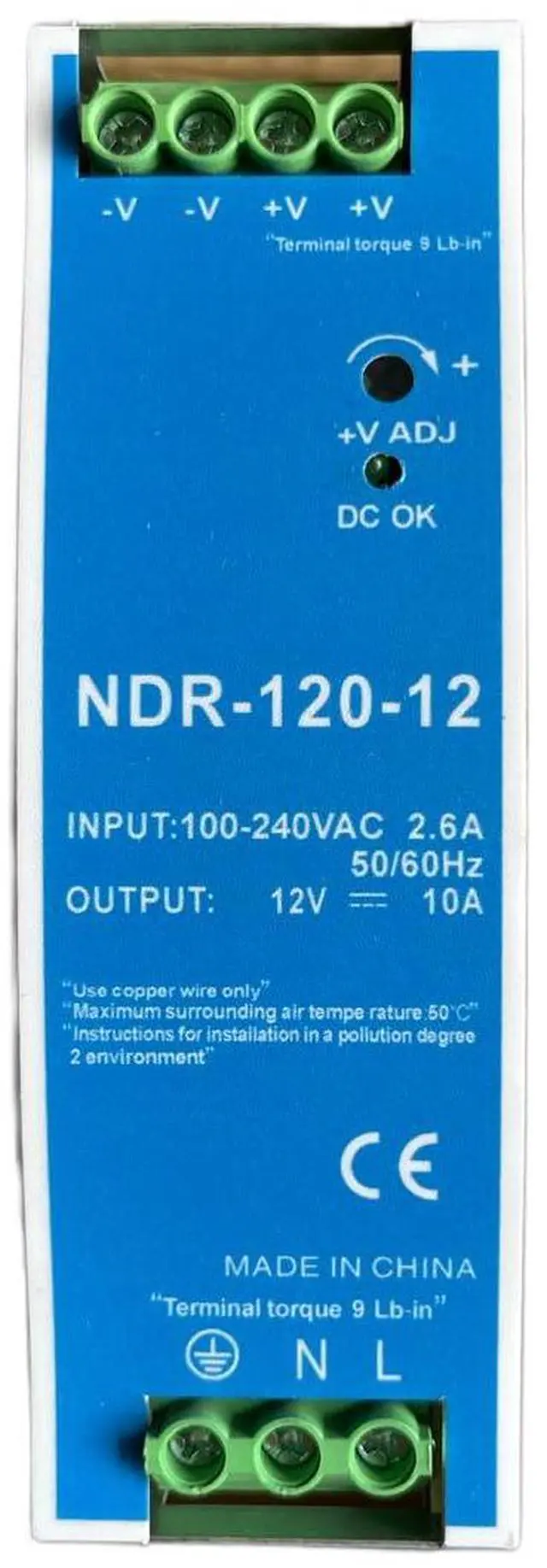 Main image of 12VDC DIN Rail Power Supply NDR120-12 120W 12V 10A with Dual Output 120VAC to 12VDC
