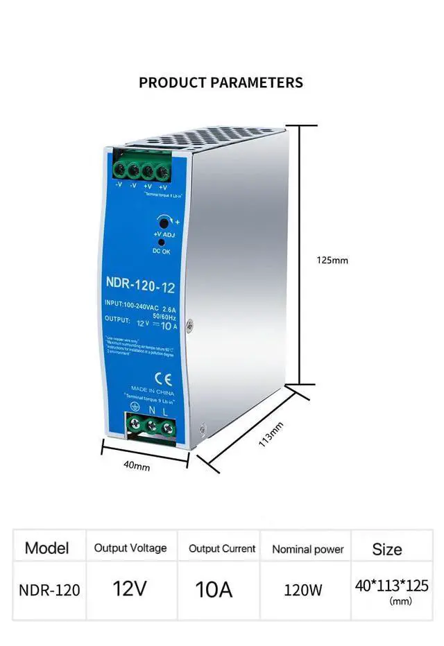 Alt view image 2 of 5 - 12VDC DIN Rail Power Supply NDR120-12 120W 12V 10A with Dual Output 120VAC to 12VDC