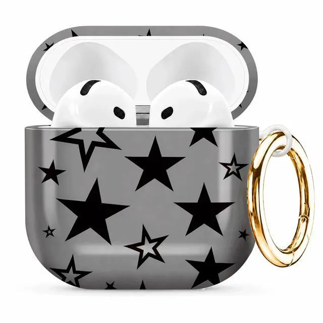 Main image of Compatible with AirPod 4th Generation (2024), Cute Protective Cover with Keychain, TPU Anti-Drop Earbuds Case for Women and Men(Black Stars On Gray Background)