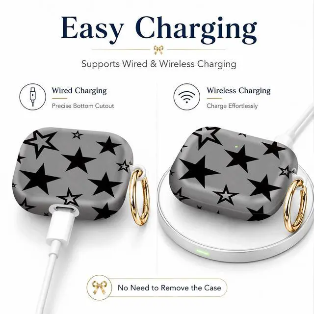 Alt view image 3 of 7 - Compatible with AirPod 4th Generation (2024), Cute Protective Cover with Keychain, TPU Anti-Drop Earbuds Case for Women and Men(Black Stars On Gray Background)