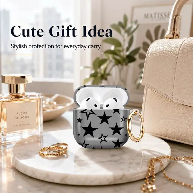 Alt view image 4 of 7 - Compatible with AirPod 4th Generation (2024), Cute Protective Cover with Keychain, TPU Anti-Drop Earbuds Case for Women and Men(Black Stars On Gray Background)