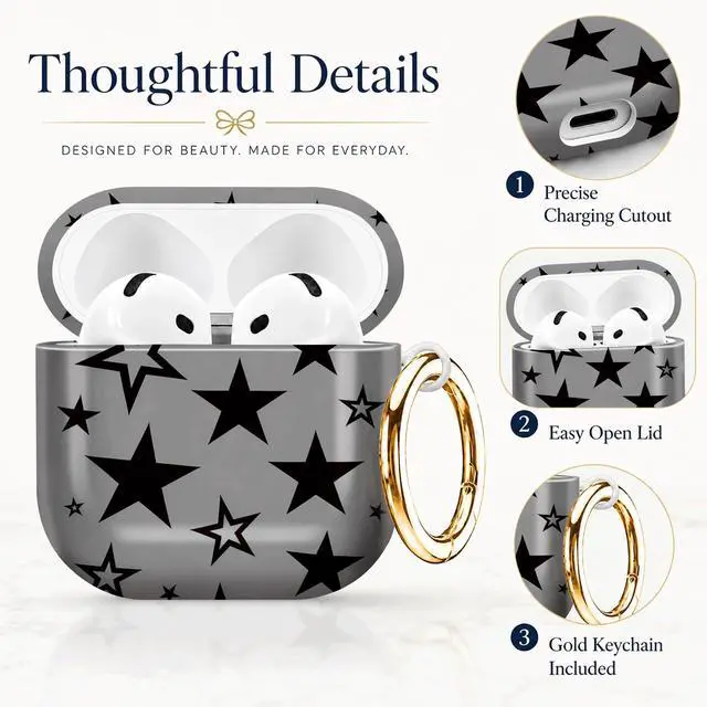Alt view image 2 of 7 - Compatible with AirPod 4th Generation (2024), Cute Protective Cover with Keychain, TPU Anti-Drop Earbuds Case for Women and Men(Black Stars On Gray Background)