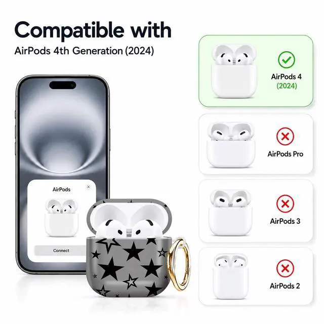 Alt view image 5 of 7 - Compatible with AirPod 4th Generation (2024), Cute Protective Cover with Keychain, TPU Anti-Drop Earbuds Case for Women and Men(Black Stars On Gray Background)