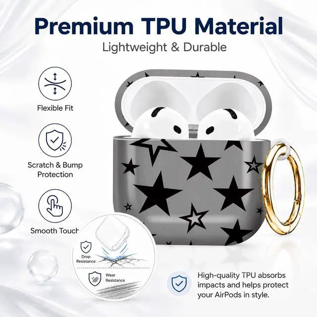 Alt view image 7 of 7 - Compatible with AirPod 4th Generation (2024), Cute Protective Cover with Keychain, TPU Anti-Drop Earbuds Case for Women and Men(Black Stars On Gray Background)