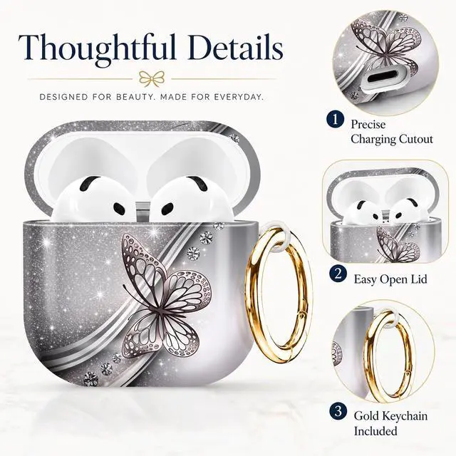 Alt view image 2 of 7 - Compatible with AirPod 4th Generation (2024), Cute Protective Cover with Keychain, TPU Anti-Drop Earbuds Case for Women and Men(Silver Butterfly Sparkle)