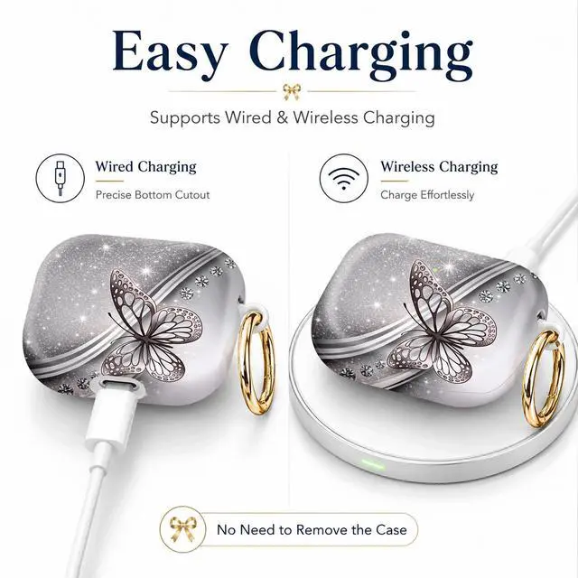 Alt view image 3 of 7 - Compatible with AirPod 4th Generation (2024), Cute Protective Cover with Keychain, TPU Anti-Drop Earbuds Case for Women and Men(Silver Butterfly Sparkle)