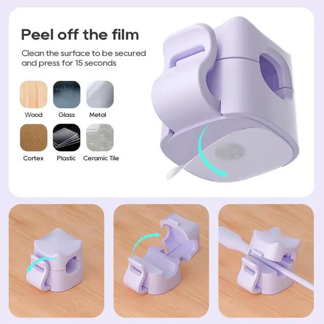 Alt view image 3 of 6 - 6 Pack Cable Clips - Adhesive Cord Organizer for Home Office Desk, Phone, Car, Wall, Desktop, Nightstand - Cable Management SolutionPurple