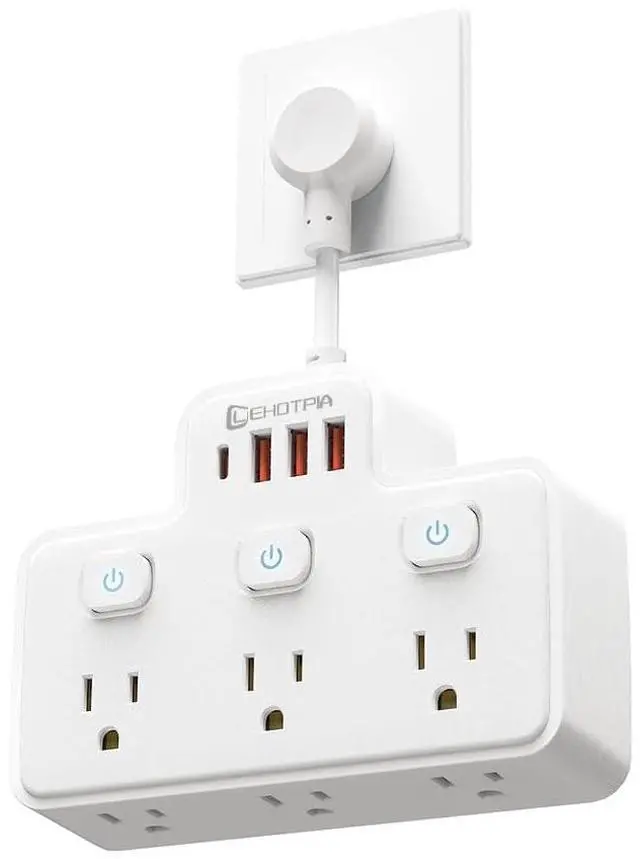 Main image of Short Extension Cord,Power Strip 6 Widely Outlets with 4 USB Ports.(White) | Wall Mount Small Power Strip for Travel, Home Office College Dorm Essentials (3 USB A,1 USB C)