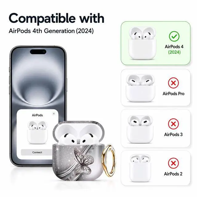 Alt view image 5 of 7 - Compatible with AirPod 4th Generation (2024), Cute Protective Cover with Keychain, TPU Anti-Drop Earbuds Case for Women and Men(Silver Butterfly Sparkle)