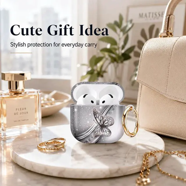 Alt view image 4 of 7 - Compatible with AirPod 4th Generation (2024), Cute Protective Cover with Keychain, TPU Anti-Drop Earbuds Case for Women and Men(Silver Butterfly Sparkle)