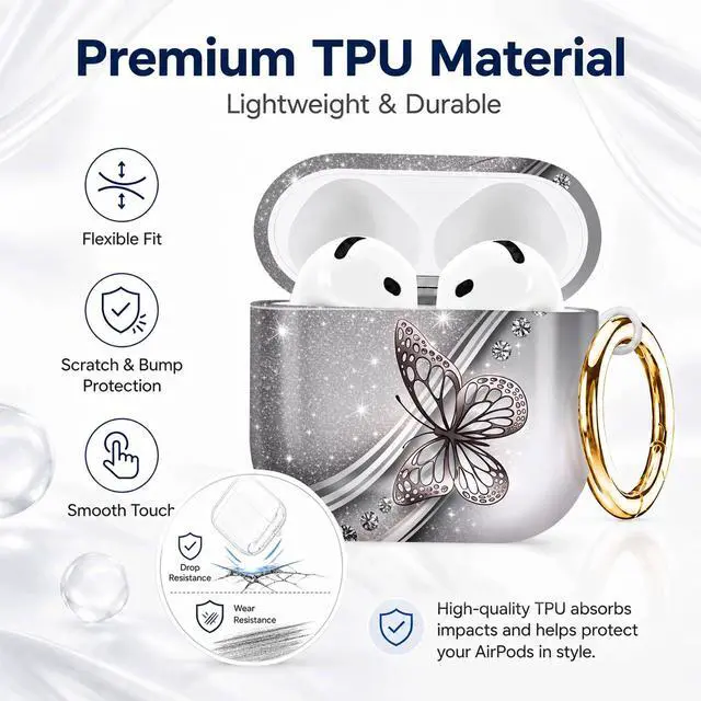 Alt view image 7 of 7 - Compatible with AirPod 4th Generation (2024), Cute Protective Cover with Keychain, TPU Anti-Drop Earbuds Case for Women and Men(Silver Butterfly Sparkle)