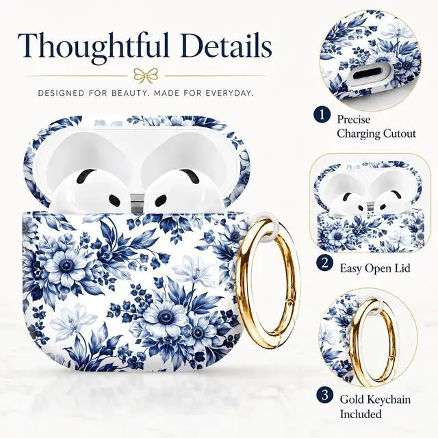 Alt view image 2 of 7 - Compatible with AirPod 4th Generation (2024), Cute Protective Cover with Keychain, TPU Anti-Drop Earbuds Case for Women and Men(Blue Floral On White Background)