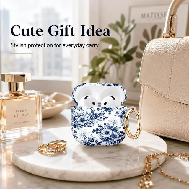 Alt view image 4 of 7 - Compatible with AirPod 4th Generation (2024), Cute Protective Cover with Keychain, TPU Anti-Drop Earbuds Case for Women and Men(Blue Floral On White Background)