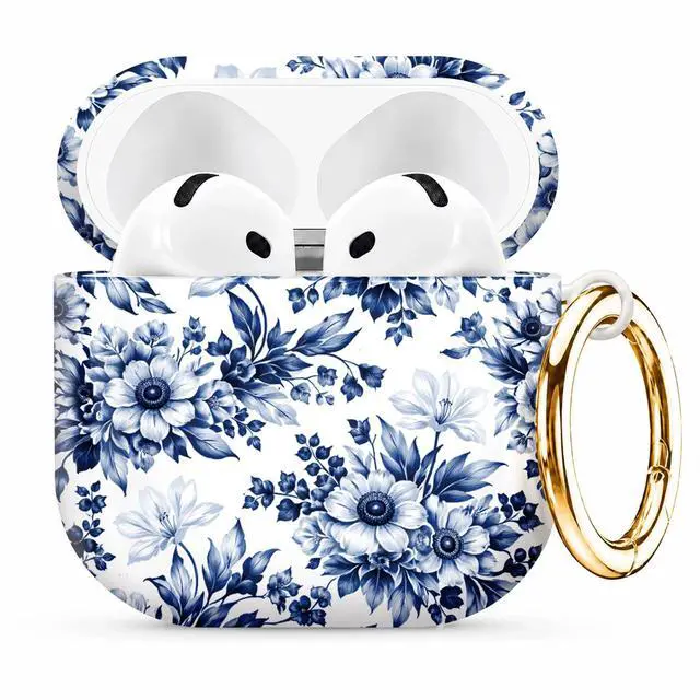 Main image of Compatible with AirPod 4th Generation (2024), Cute Protective Cover with Keychain, TPU Anti-Drop Earbuds Case for Women and Men(Blue Floral On White Background)