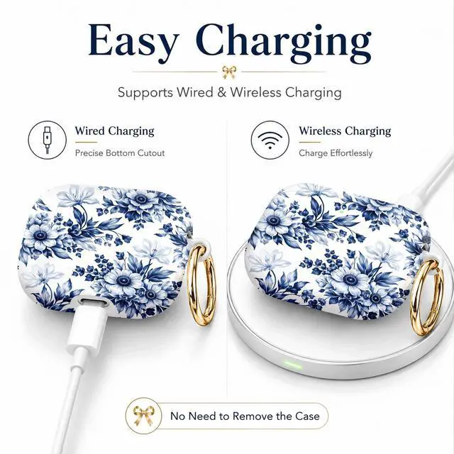 Alt view image 3 of 7 - Compatible with AirPod 4th Generation (2024), Cute Protective Cover with Keychain, TPU Anti-Drop Earbuds Case for Women and Men(Blue Floral On White Background)