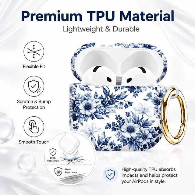 Alt view image 7 of 7 - Compatible with AirPod 4th Generation (2024), Cute Protective Cover with Keychain, TPU Anti-Drop Earbuds Case for Women and Men(Blue Floral On White Background)