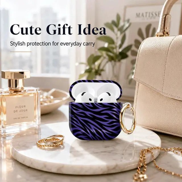 Alt view image 4 of 7 - Compatible with AirPod 4th Generation (2024), Cute Protective Cover with Keychain, TPU Anti-Drop Earbuds Case for Women and Men(Purple and Black Zebra Stripes)