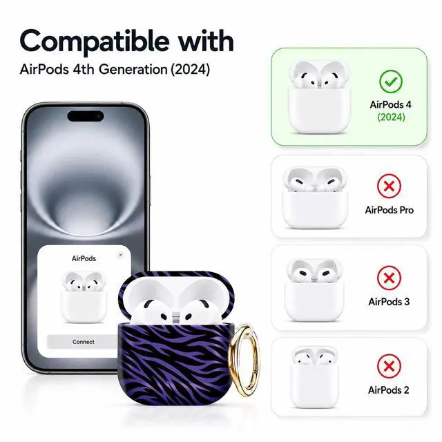 Alt view image 5 of 7 - Compatible with AirPod 4th Generation (2024), Cute Protective Cover with Keychain, TPU Anti-Drop Earbuds Case for Women and Men(Purple and Black Zebra Stripes)
