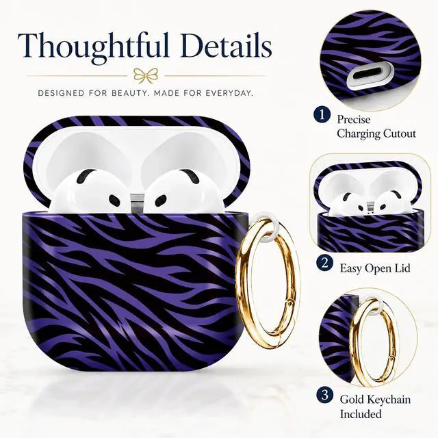 Alt view image 2 of 7 - Compatible with AirPod 4th Generation (2024), Cute Protective Cover with Keychain, TPU Anti-Drop Earbuds Case for Women and Men(Purple and Black Zebra Stripes)