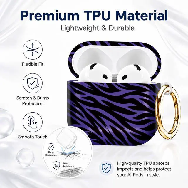 Alt view image 7 of 7 - Compatible with AirPod 4th Generation (2024), Cute Protective Cover with Keychain, TPU Anti-Drop Earbuds Case for Women and Men(Purple and Black Zebra Stripes)