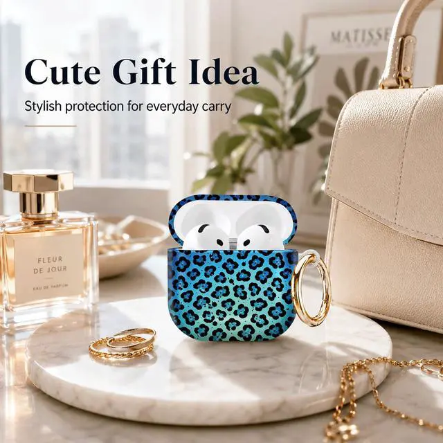 Alt view image 4 of 7 - Compatible with AirPod 4th Generation (2024), Cute Protective Cover with Keychain, TPU Anti-Drop Earbuds Case for Women and Men(Blue Leopard Gradient)