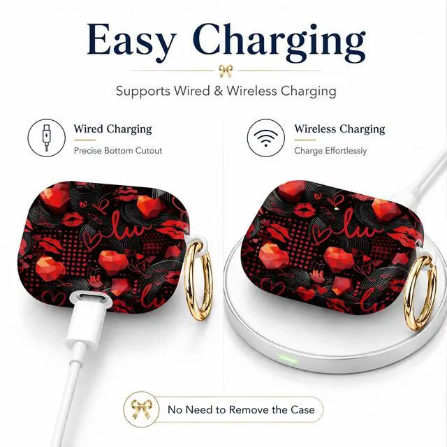 Alt view image 3 of 7 - Compatible with AirPod 4th Generation (2024), Cute Protective Cover with Keychain, TPU Anti-Drop Earbuds Case for Women and Men(Red Lips Hearts Dots Swirls)