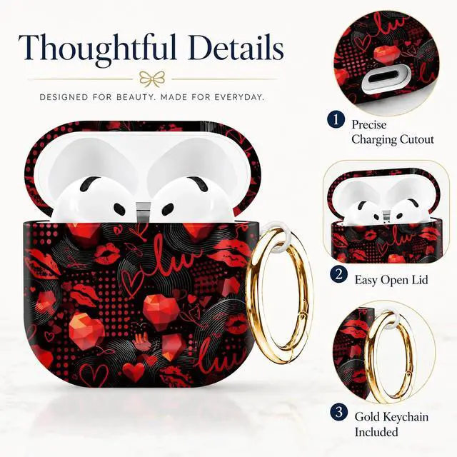 Alt view image 2 of 7 - Compatible with AirPod 4th Generation (2024), Cute Protective Cover with Keychain, TPU Anti-Drop Earbuds Case for Women and Men(Red Lips Hearts Dots Swirls)