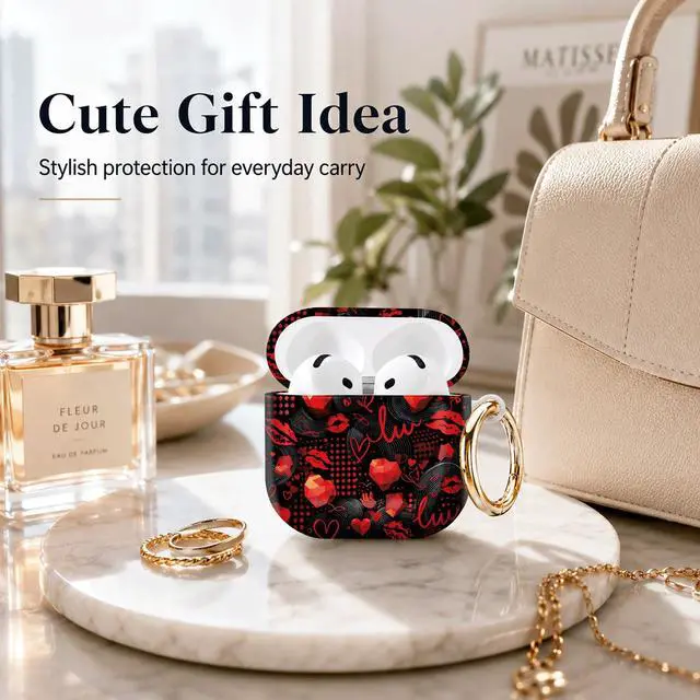 Alt view image 4 of 7 - Compatible with AirPod 4th Generation (2024), Cute Protective Cover with Keychain, TPU Anti-Drop Earbuds Case for Women and Men(Red Lips Hearts Dots Swirls)