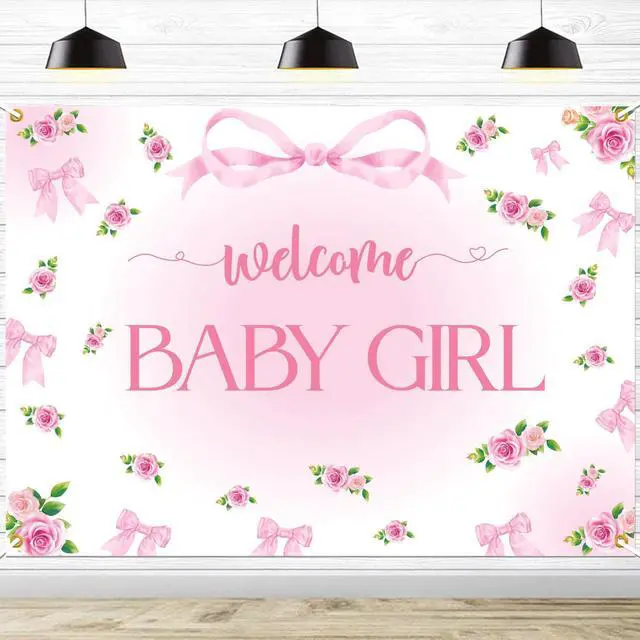 Main image of Welcome Baby Girl Backdrop - Pink Bow Baby Shower Party Decorations, Elegant Pink Floral Decorations with Ribbon Bows, Girl Baby Shower Photography Background (7x5ft)
