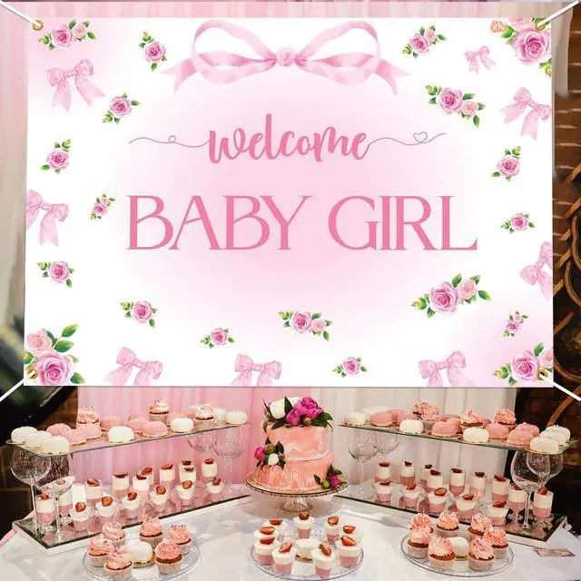 Alt view image 5 of 6 - Welcome Baby Girl Backdrop - Pink Bow Baby Shower Party Decorations, Elegant Pink Floral Decorations with Ribbon Bows, Girl Baby Shower Photography Background (7x5ft)