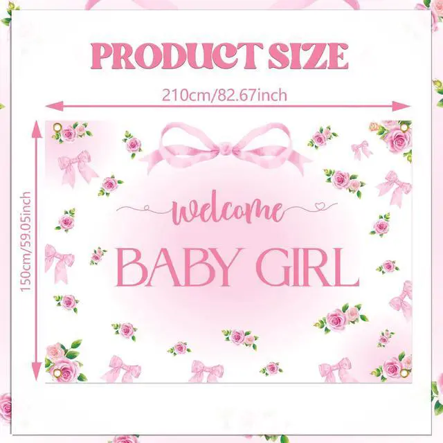 Alt view image 2 of 6 - Welcome Baby Girl Backdrop - Pink Bow Baby Shower Party Decorations, Elegant Pink Floral Decorations with Ribbon Bows, Girl Baby Shower Photography Background (7x5ft)