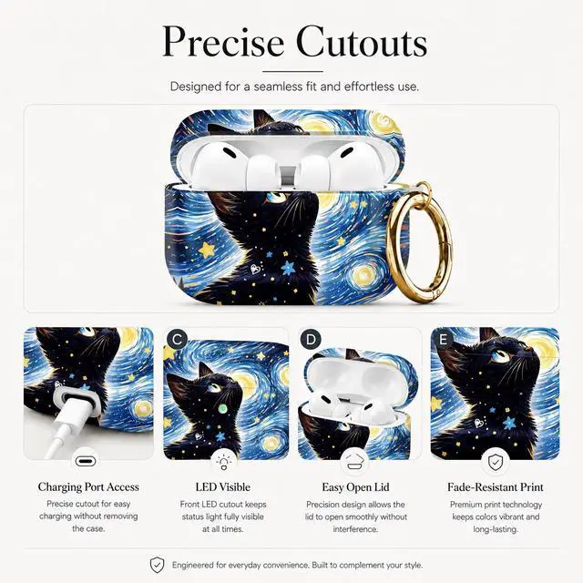 Alt view image 3 of 7 - Compatible with AirPod Pro 3 Case (2025), Stylish Pattern Protective Cover with Keychain, Shockproof Anti-Drop TPU Case for Women and Men(Starry Night Cat Art)